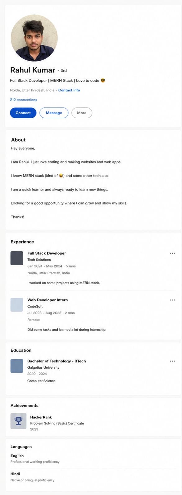 LinkedIn profile before rewrite